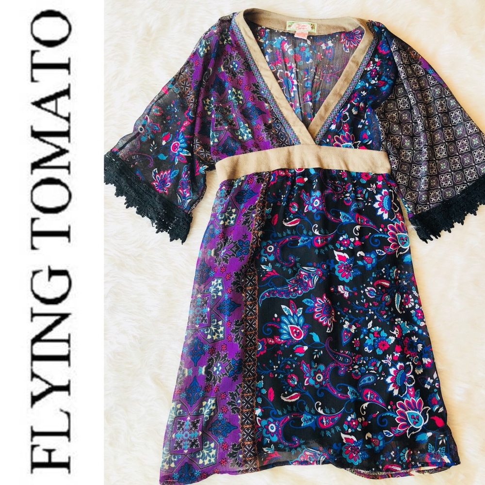 Flying Tomato Floral Patchwork Midi Dress in Purple, Black, Blue